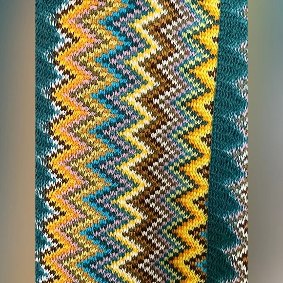MISSONI. Multi-Color Fringed Knit Wool Scarf in Chevron Pattern